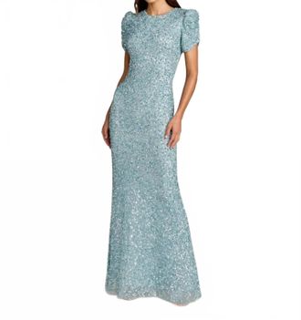 Mac Duggal Gathered Short Sleeve Embellished Gown In Powder Blue