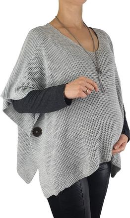 Mimosa Maternity Ladies One Size Knitted Warm Oversized V-Neck Poncho Cape with Side Buttons (One Size, Grey)