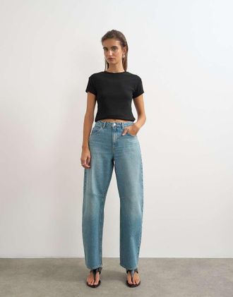 Topshop Jeans a cilindro a vita medio alta verdi-Blu