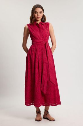 Karen Millen Womens Cotton Broderie Scalloped Hem Sleeveless Shirt Dress - Red - Size 16 UK