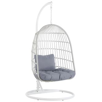 Beliani Silla Colgante De Estructura Trenzada Blanco Soporte De Metal 2 Cojines Sala De Estar Terraza Boho R&uacute;stico Allera