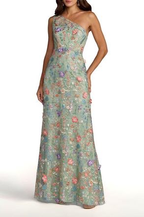 Mac Duggal One Shoulder Lace Embroidered Gown in Sage Multi at Nordstrom, Size 16