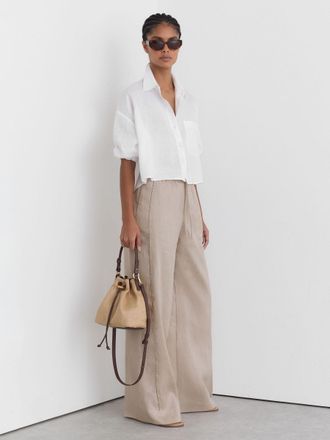 Reiss Neutral Petite Linen Ladder-embroidery Wide-leg Trousers, 10
