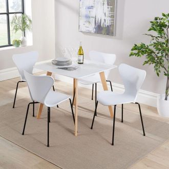 Home Source Industries Home Source - Dining Table Set 80cm White Top Wooden Legs 4 Curved Plastic White Metal Chairs