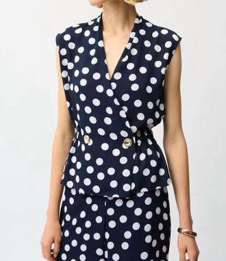 Joseph Ribkoff Sleeveless Polka Dot V-Neck Top In Midnight Blue/vanilla