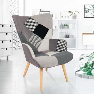 IDMarket Sill&oacute;n Escandinavo Ivar De Tela Patchwork Negra, Gris Y Blanca