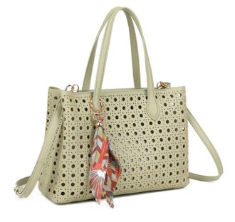 Generic Perforated Tote Bag, Laser Cut Design with Scarf Charm, Shoulder Handbag with Crossbody Strap (Green)