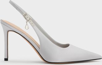 Charles & Keith Satin Teardrop-Crystal Stiletto-Heel Slingback Pumps