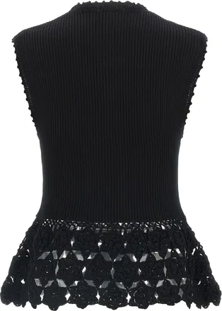 Ganni Ribbed Organic Cotton with Crochet Hem Vest - Black