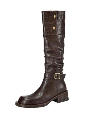 Generic Womens Cow Leather Medium Heels Stretch Boots Vintage Belt Buckle Runway Thigh High Boots