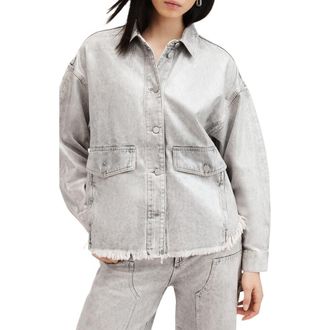 AllSaints Hettie Raw Hem Denim Shacket in Coated Silver at Nordstrom Rack, Size 12 Us / 16 Uk