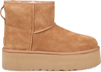 UGG Womens Classic Mini Platform Ankle Boots Camel Sheepskin; Suede; Fleece