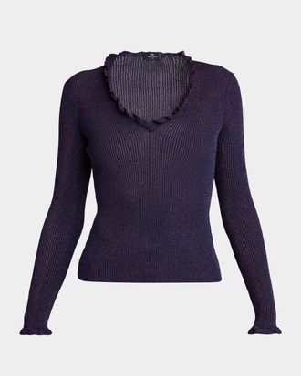 Etro Metallic Ruffle Rib-Knit V-Neck Top