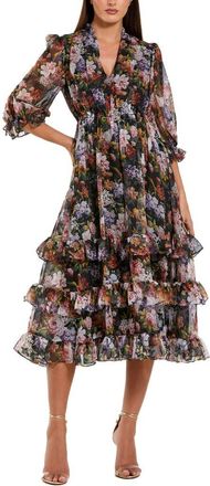 Mac Duggal Chiffon 3/4 Sleeve A Line Midi Dress With Ruffles in Black Multi at Nordstrom, Size X-Large