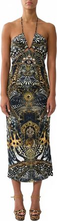 Camilla Cut Out Sleeveless Jersey Halter Neck Dress In Feline Folklore