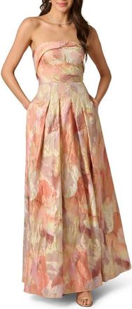 Aidan Mattox Strapless Floral Print Metallic Jacquard Gown in Coral Multi at Nordstrom, Size 10