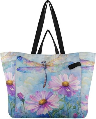 Generic Pink Flower Dragonfly print Reusable Canvas Tote Bag, Heavy Duty Grocery Shopping Bag with Hard Bottom Double Handles Large Capacity Work Groceries Tr