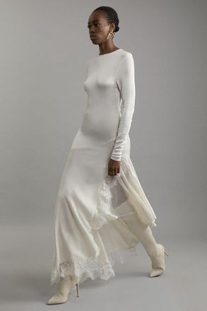Karen Millen Womens Petite Viscose Blend Slinky Sheer Lace Detail Asymmetric Knit Maxi Dress - Cream - Size Medium