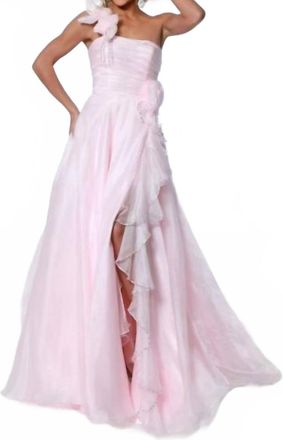 Johnathan Kayne One Shoulder Floral Gown In Baby Pink