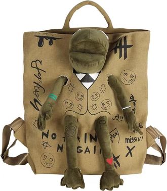 Generic Kawaii Large Frog Daypack Funny Novelty Backpack for Men Women Teen, Canvas Book Bag with Plush Frog Decor & Graffiti Design, Unique Travel Backpack f