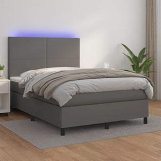 vidaXL Vidaxl - Cama Box Spring Colch&oacute;n Y Led Cuero Sint&eacute;tico Gris 140x190 Cm