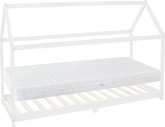 ML Design Ml-design - Letto a Forma di Casetta Tipi Bianco 90x200 cm Legno di Pino Massiccio Protezione Anticaduta con Materasso da 16 cm Schiuma Fredda