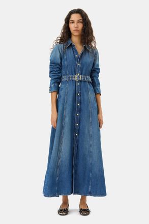Ganni Blue Belted Maxi Dress - Size 32 Organic Cotton