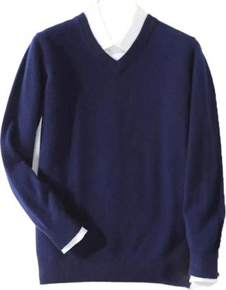 Generic Men 100 Percent Cashmere Sweater Men Pullover Warm Classic V-Neck Sweaters Male Long Sleeve Knitted Jumper Jersey Navy Blue