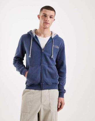Hollister Felpa con cappuccio e zip blu con grafica sulla manica