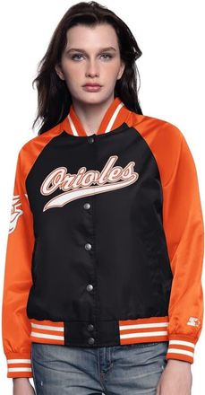 Starter Womens Starter Black/Orange Baltimore Orioles Home Run Full-Snap Varsity Jacket at Nordstrom, Size Large