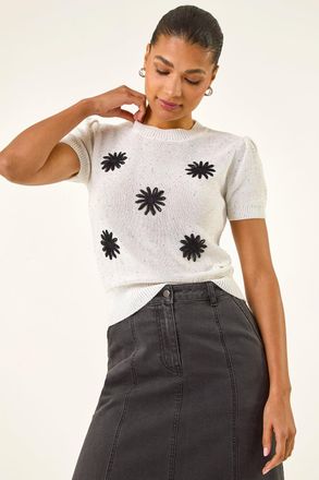 Roman Daisy Sparkly Embroidered Knit Top