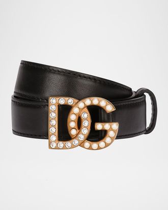 Dolce & Gabbana Embellished Pearly Interlocking DG Leather Belt