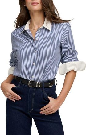 Favorite Daughter The Cuffed Statement Button-Up Shirt in Navy Twin Stripe at Nordstrom, Size X-Small