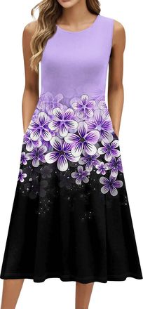 Generic Summer Dresses for Women UK, Women Summer Casual Sleeveless Crewneck Sundress Striped Print A Line Flowy Midi Long Beach Dress Vacation Outfits,Womens