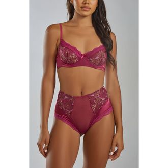 iCollection Two-Toned Lace Bra & High-Waist Panty Set in Wine at Nordstrom, Size X-Large
