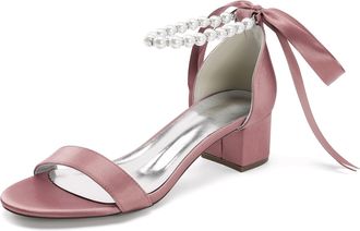 Generic Wedding Pearls Block Heels Sandals Open Toe Ankle Strap Bridal Evening Party Summer Satin Low Heel Shoes 4.5Cm,Nude Pink,10 UK