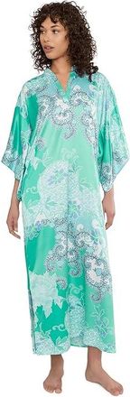 N by Natori Flourish Printed Satin Caftan Womens Jumpsuit & Rompers One Piece Aqua : M (Womens 10-12), Polyester/Satin/Spandex