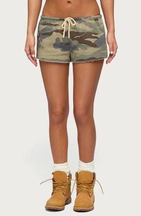Edikted Camo Print Raw Hem Drawstring Shorts in Olive at Nordstrom, Size X-Small