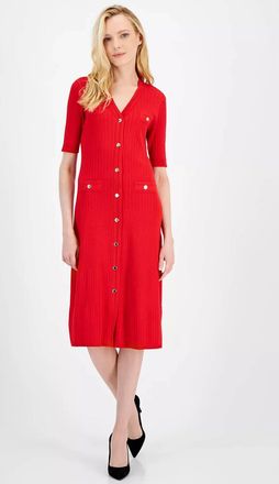Anne Klein Ribbed Button-Front A-Line Dress In Medium Red