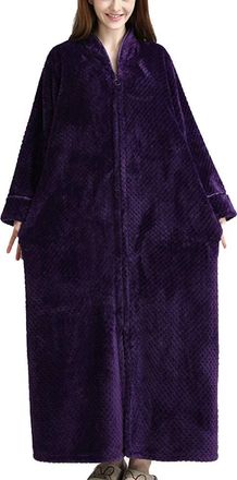 ShiFan Ladies Supersoft Full Zip Plush Dressing Gown Long Luxury Thick Housecoat Lounger Purple XL