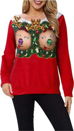 Generic Unisex Ugly Christmas Jumpers Long Sleeve Novelty 3D Graphic Long Sleeve Sweater Funny Graphic Christmas Pullover Loose Round Neck Couples Sweatshirt 