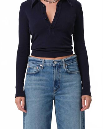 Citizens Of Humanity Long Sleeve 60s Polo Top In Navy