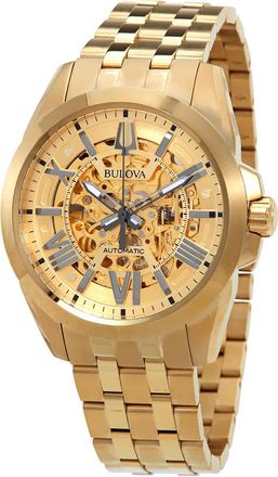 Bulova Sutton Automatic Gold Skeleton Dial Mens Watch 97A162