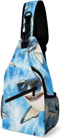 Generic Sharks Wearing Glasses Tie Dye Blue Mens Crossbody Chest Sling Bag for Travel Hiking Lightweight Shoulder Bags with Small Side