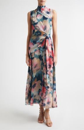 Lela Rose Abstract Floral Draped Chiffon A-Line Midi Dress in Mist Multi at Nordstrom, Size 6
