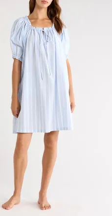 Nordstrom Tie Front Cotton Nightgown in Blue- White Simple Stripe at Nordstrom, Size X-Large