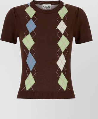 Ganni organic cotton argyle crewneck short sleeve sweater