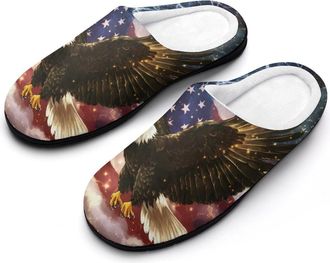 Generic U.S Flag Bald Ea-gles Womens Slippers Warm House Slippers Indoor House Shoes with Anti-Skid Rubber Sole