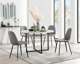 Furniturebox Adley Grey Concrete Effect & Black Round Dining Table with Shelf & 4 Faux Leather Corona Dining Chairs