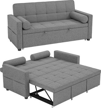 HOMCOM Homcom Sof&aacute; Cama 2 Plazas 3 En 1, Deslizante De Tejido Lino Con Respaldo Ajustable, Bolsillos, 2 Cojines Fundas Extra&iacute;bles Para Sala De Estar, Gris